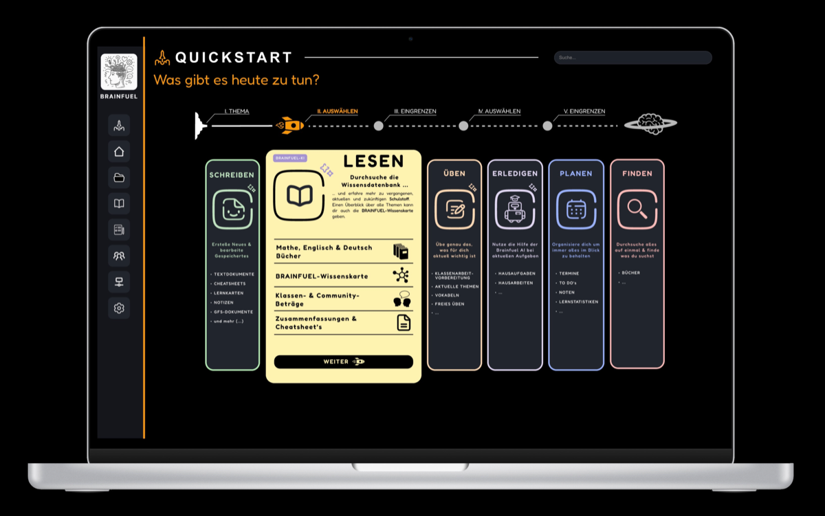Frühere Brainfuel-Quickstart-Oberfläche mit mehreren Lernwerkzeugen