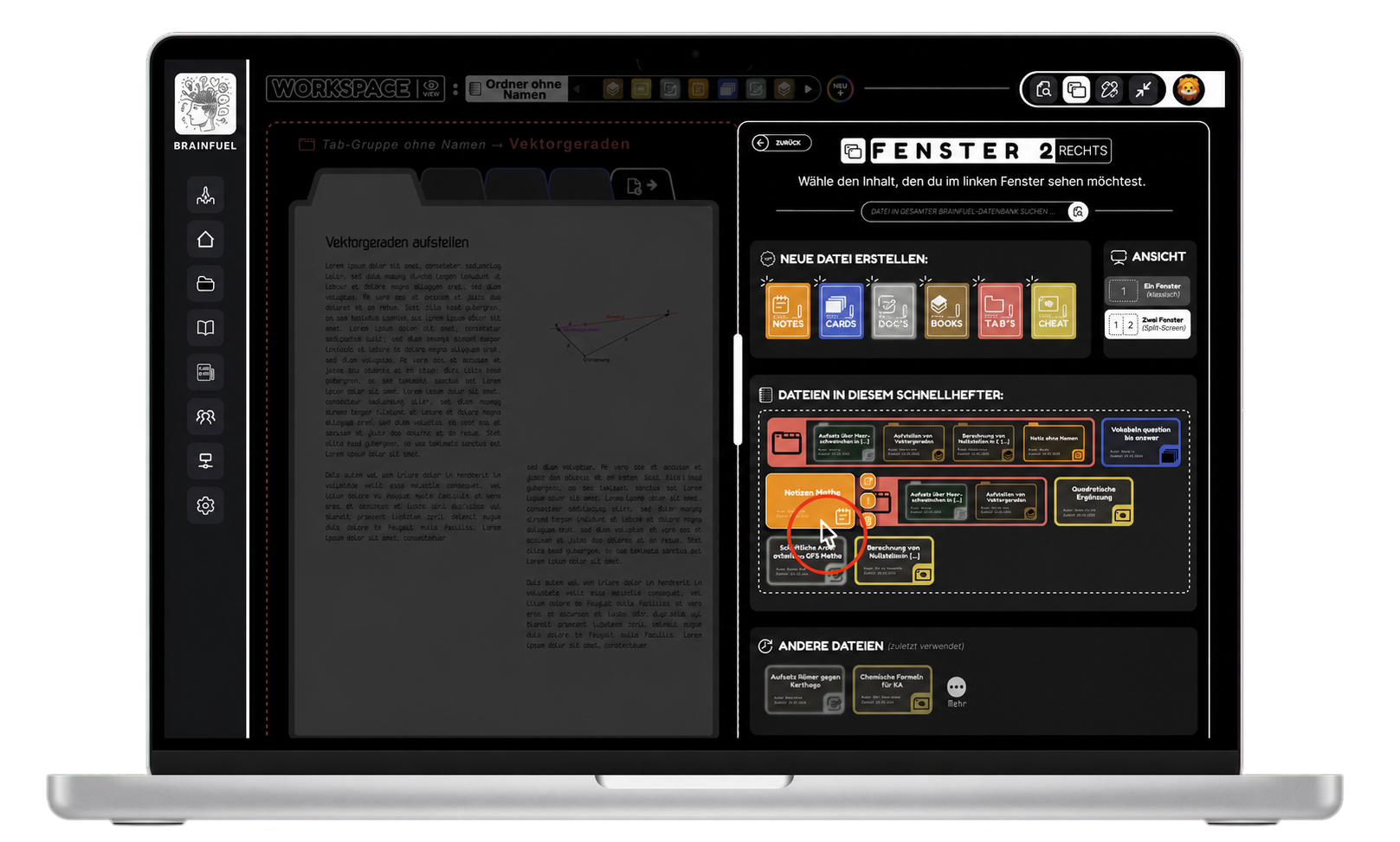 Freigestelltes MacBook mit Brainfuel im Split-Screen
