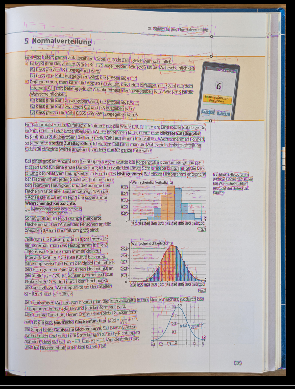 Mathematikbuchseite mit zahlreichen OCR-Kandidaten aus mehreren Rotationen