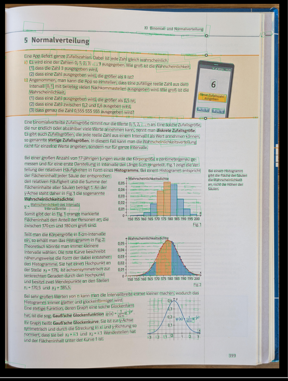 Dieselbe Mathematikbuchseite mit analysierten Beziehungen zwischen Text- und Layoutregionen