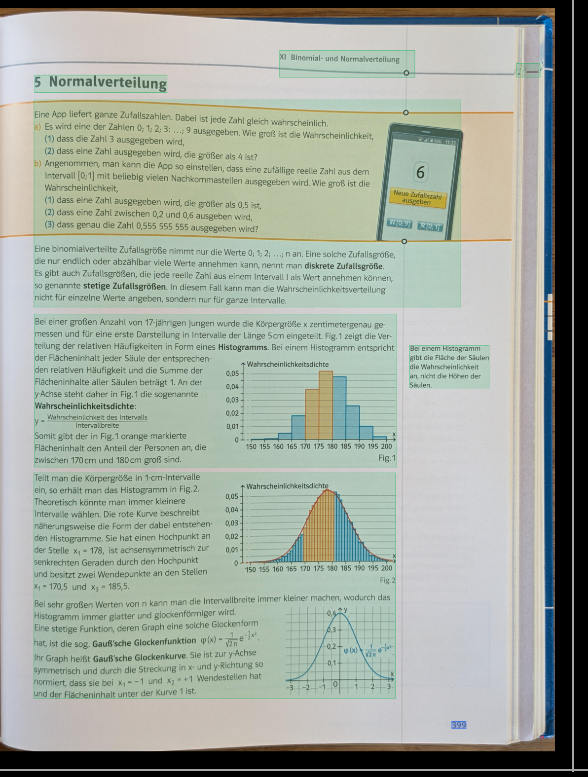 Dieselbe Mathematikbuchseite mit final zusammengesetzten semantischen Layoutblöcken