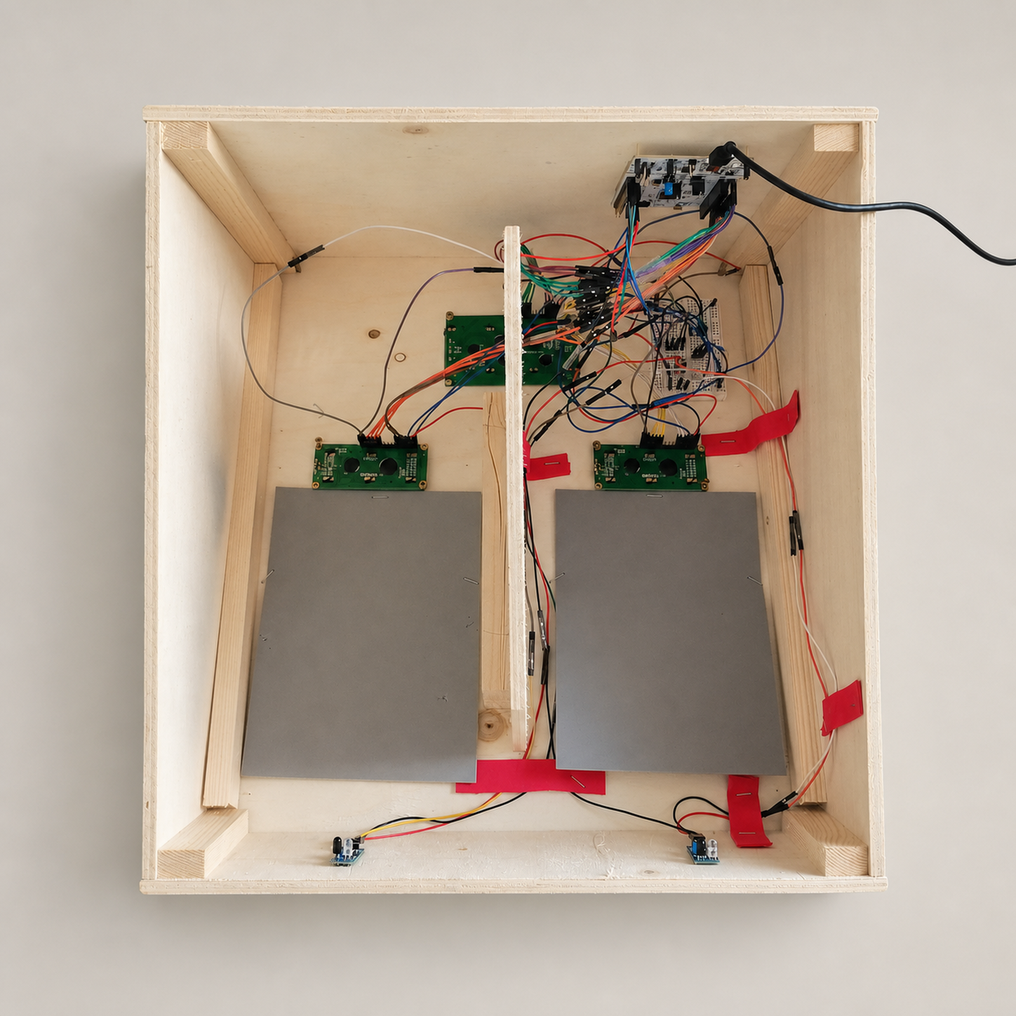 Modular verkabelte Elektronik im Holzgehäuse des Prototyps
