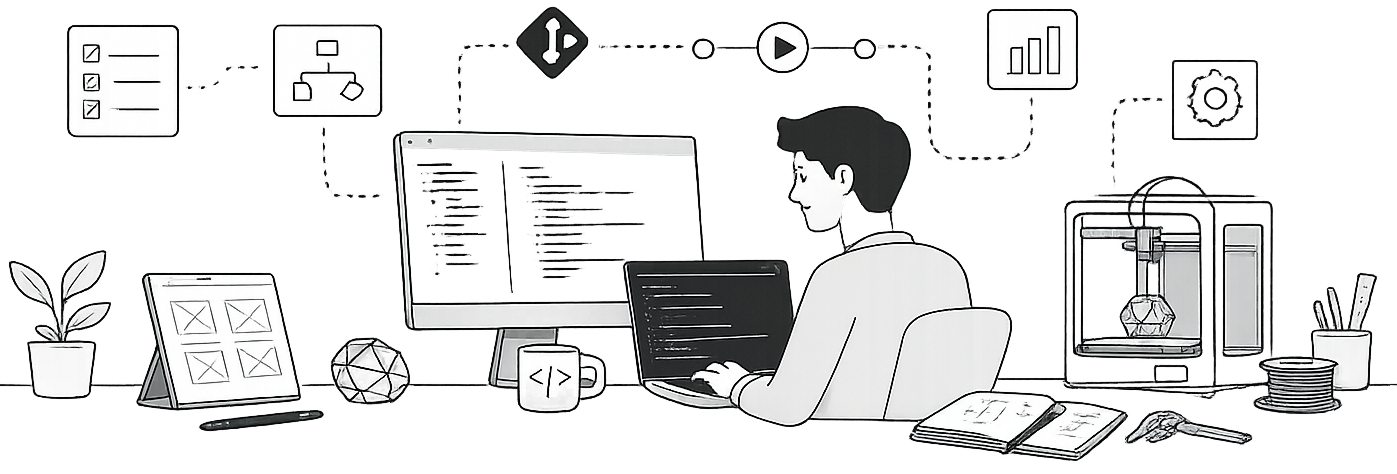 Illustration einer vernetzten Entwicklungsumgebung und ihrer Werkzeuge